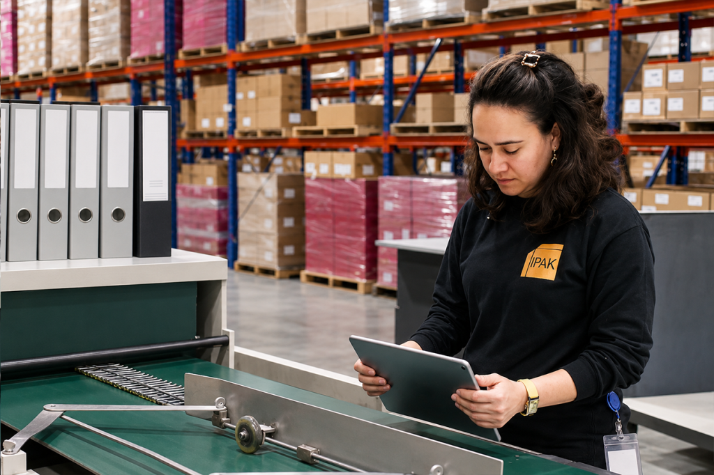 Worker using tablet to manage inventory