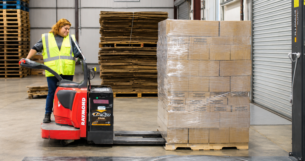 Worker moving a pallet in a warehouse
